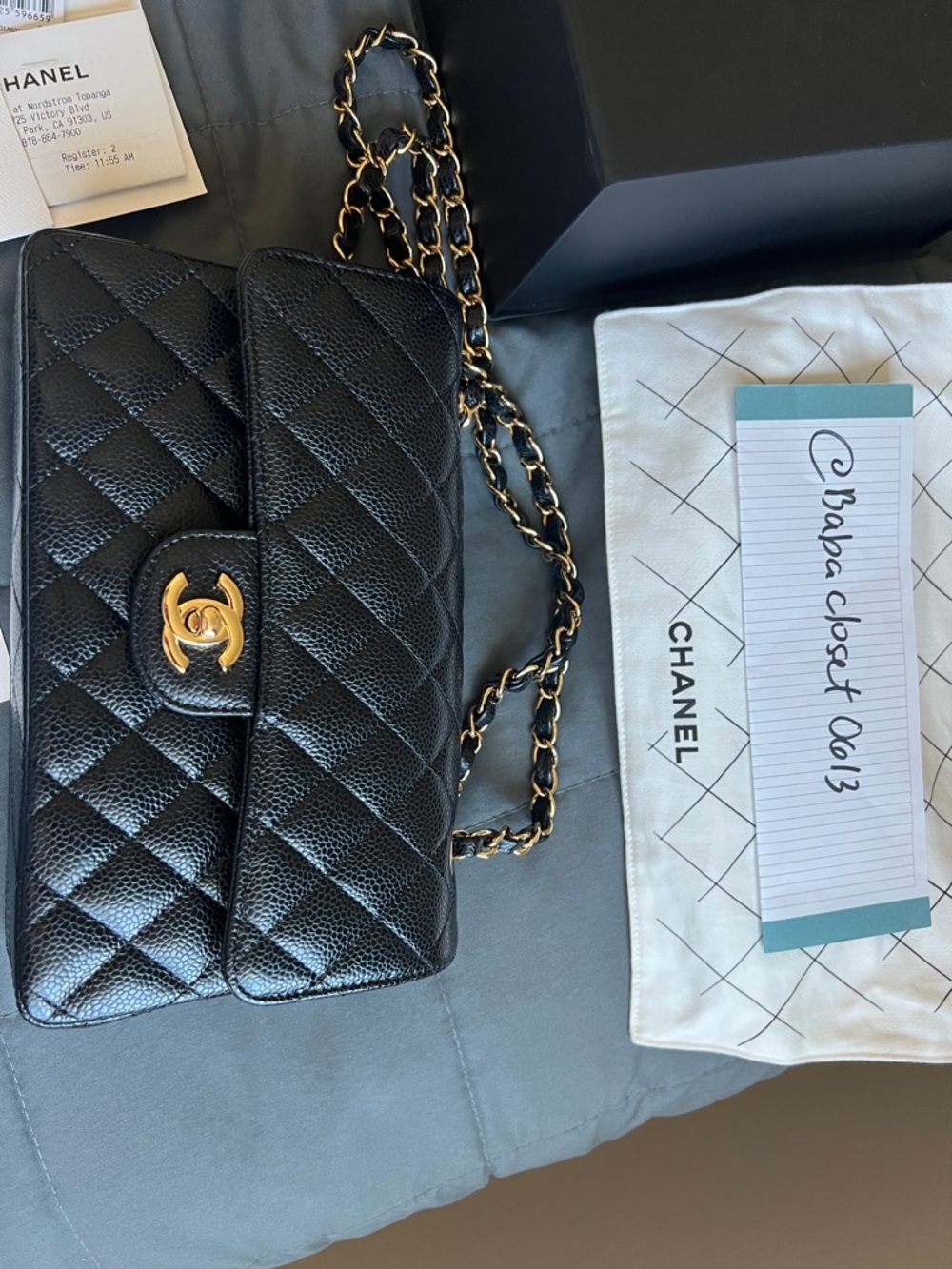 CHANEL Black Quilted Caviar Leather Shoulder Bag with Gold Hardware